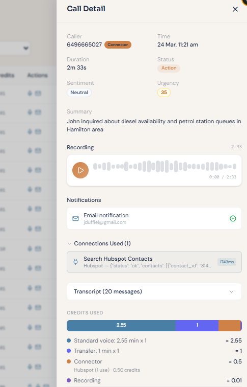 Call detail with AI summary